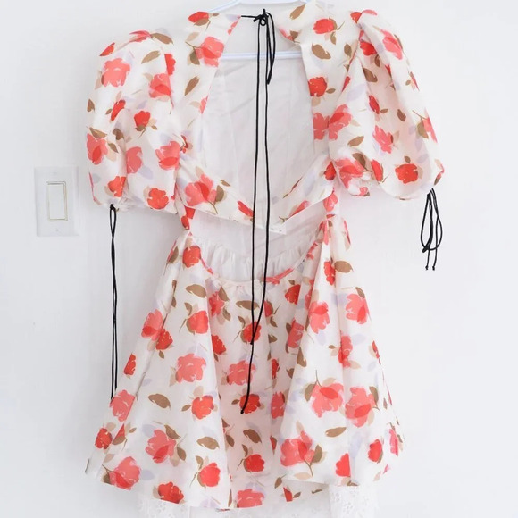For Love & Lemons Jesse Puff Sleeve Floral  Mini Dress Cream & Red S NWT - Picture 9 of 14